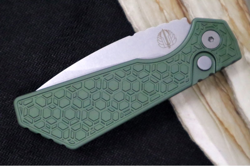 Pro Tech Strider PT+ Auto - "Gridlock" Patterned OD Green Anodized Aluminum Handle / Stonewash Finish / CPM-Magnacut Steel PT205-GridlockGreen