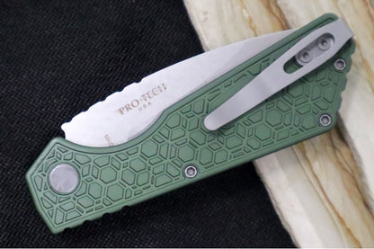 Pro Tech Strider PT+ Auto - "Gridlock" Patterned OD Green Anodized Aluminum Handle / Stonewash Finish / CPM-Magnacut Steel PT205-GridlockGreen