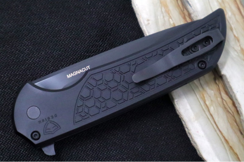 Pro Tech Mordax - Drop Point / Black DLC Finish / CPM-Magnacut Steel / Black Aluminum Handle with a "Gridlock" Pattern MX106-Gridlock