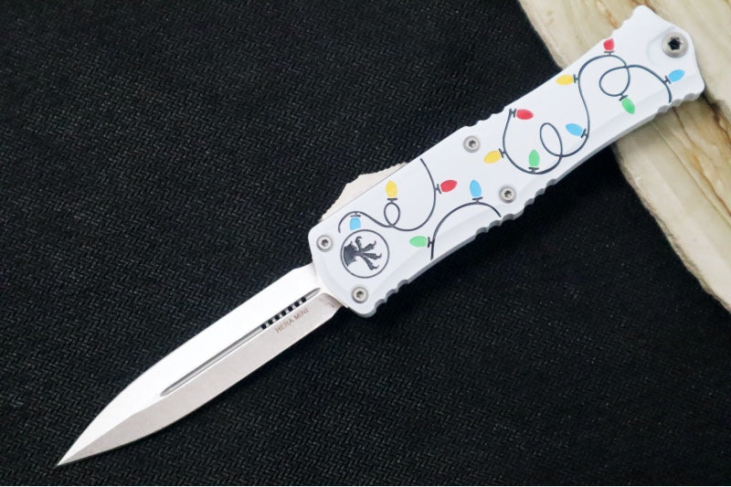 Microtech Mini Hera II OTF - Dagger Blade / Stonewash Finish / White Chrismas Lights Aluminum Handle 1702M-10WHCMAS