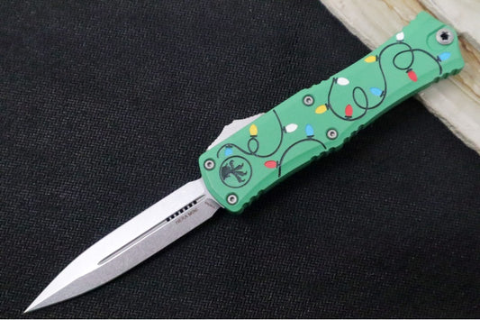 Microtech Mini Hera II OTF - Dagger Blade / Stonewash Finish / Green Chrismas Lights Aluminum Handle 1702M-10GRCMAS