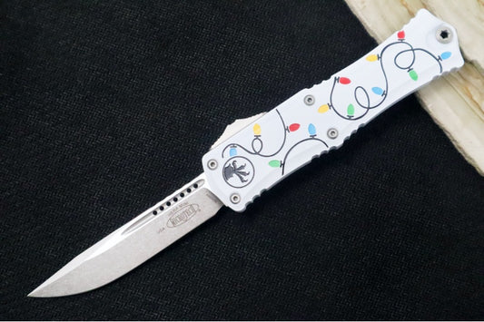 Microtech Mini Hera II OTF - Single Edge Blade / Stonewash Finish / White Chrismas Lights Aluminum Handle 1703M-10WHCMAS