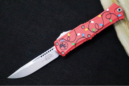 Microtech Mini Hera II OTF - Single Edge Blade / Stonewash Finish / Red Chrismas Lights Aluminum Handle 1703M-10RDCMAS