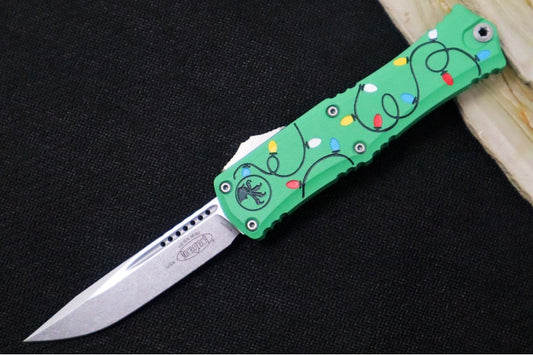 Microtech Mini Hera II OTF - Single Edge Blade / Stonewash Finish / Green Chrismas Lights Aluminum Handle 1703M-10GRCMAS