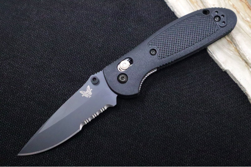 Benchmade 556SBK-S30V Mini Griptilian - Black Finished Blade / Drop Point Blade with Serrates / Black Grivory Handle