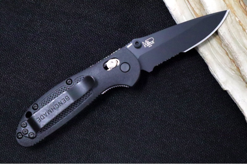 Benchmade 556SBK-S30V Mini Griptilian - Black Finished Blade / Drop Point Blade with Serrates / Black Grivory Handle