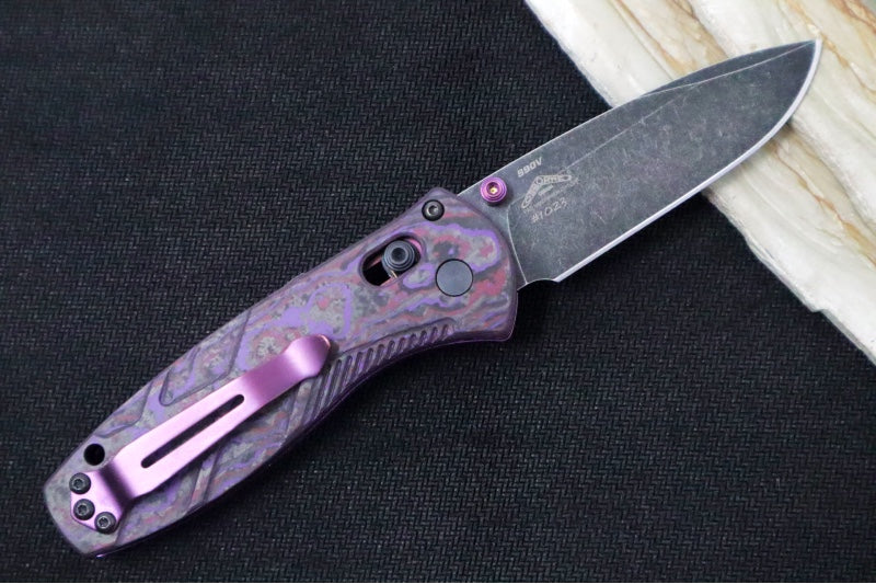 Benchmade 585BK-251 Mini-Barrage Gold Class Assisted - CPM-S90V / DLC Battlewash Finish / Purple Haze Fatcarbon Handle / Purple PVD Accents & Clip