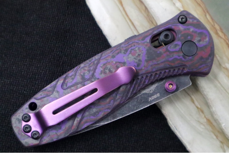 Benchmade 585BK-251 Mini-Barrage Gold Class Assisted - CPM-S90V / DLC Battlewash Finish / Purple Haze Fatcarbon Handle / Purple PVD Accents & Clip