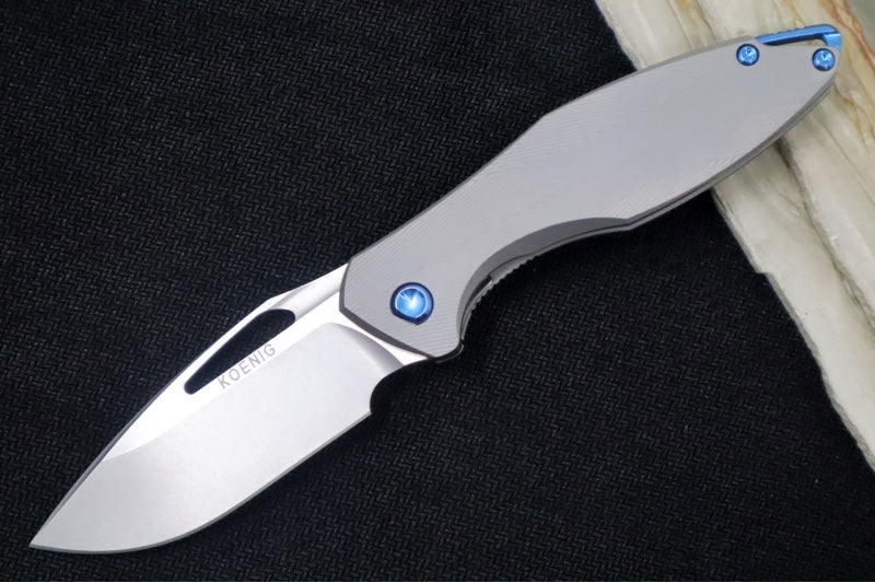 Koenig Mini Arius Nonflipper - Standard with Standard Patterned Handle - Stonewashed Blade with Polished Flats - Blue Spacer & Hardware (Gen 1)