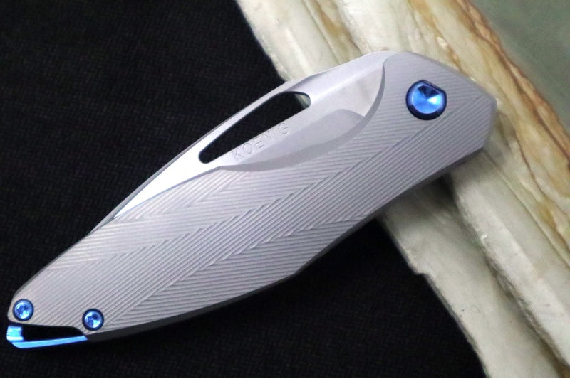 Koenig Mini Arius Nonflipper - Standard with Standard Patterned Handle - Stonewashed Blade with Polished Flats - Blue Spacer & Hardware (Gen 1) - Northwest Knives