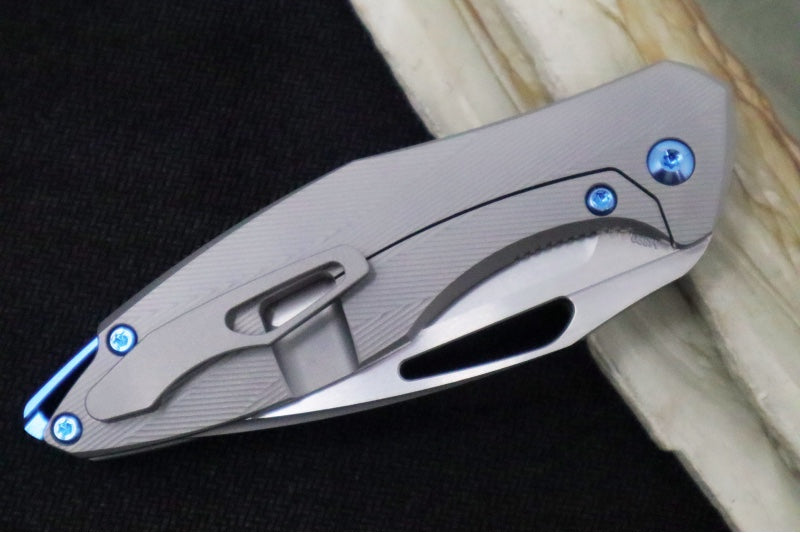 Koenig Mini Arius Nonflipper - Standard with Standard Patterned Handle - Stonewashed Blade with Polished Flats - Blue Spacer & Hardware (Gen 1)