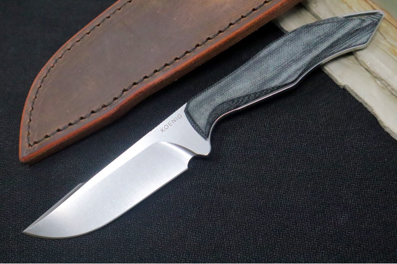 Koenig HELO FIxed Blade - Stonewashed Finished Blade - Micarta Handle Scales - Brown Leather Sheath (Gen 1)