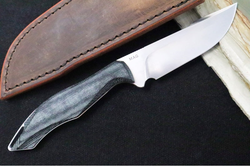 Koenig HELO FIxed Blade - Stonewashed Finished Blade - Micarta Handle Scales - Brown Leather Sheath (Gen 1) - Northwest Knives