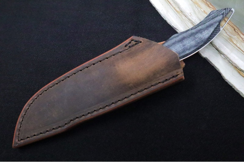 Koenig HELO FIxed Blade - Stonewashed Finished Blade - Micarta Handle Scales - Brown Leather Sheath (Gen 1) - Northwest Knives
