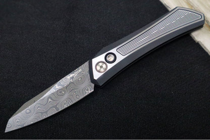 Pro Tech Oligarch 2025 Custom 001 Auto - 2-toned DLC Stainless Steel Handle / Spear Point Blade / Chad Nichols Virus Damascus / Pearl Push Button / Blue Titanium Clip 2025OligarchCustom001