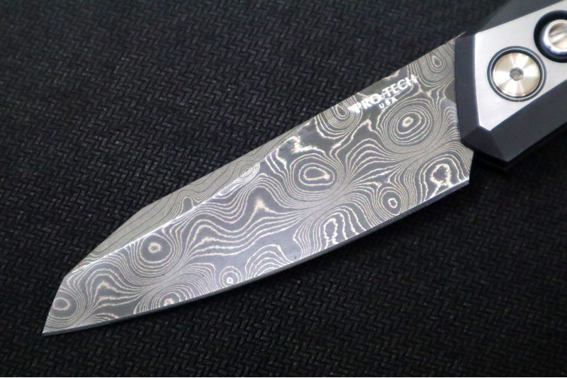 Pro Tech Oligarch 2025 Custom 001 Auto - 2-toned DLC Stainless Steel Handle / Spear Point Blade / Chad Nichols Virus Damascus / Pearl Push Button / Blue Titanium Clip 2025OligarchCustom001