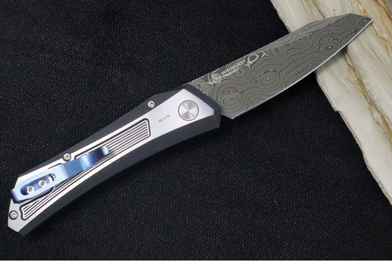 Pro Tech Oligarch 2025 Custom 001 Auto - 2-toned DLC Stainless Steel Handle / Spear Point Blade / Chad Nichols Virus Damascus / Pearl Push Button / Blue Titanium Clip 2025OligarchCustom001