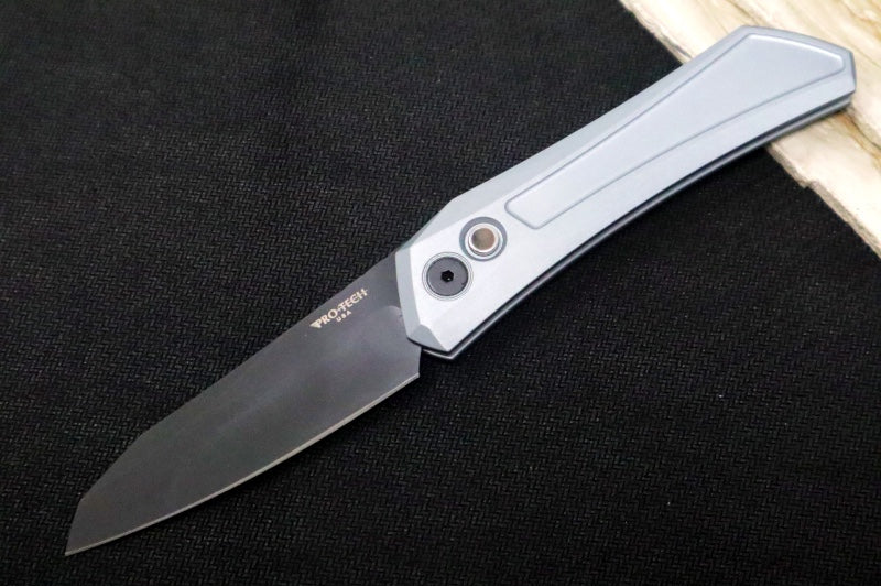 Pro Tech Oligarch Auto 2025 SHOT Show Custom - Solid Grey Anodized Aluminum Handle / Black DLC Finish / Spear Point Blade / CPM-Magnacut Steel / Pearl Push Button / DLC Deep Carry Clip