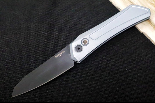 Pro Tech Oligarch Auto 2025 SHOT Show Custom - Solid Grey Anodized Aluminum Handle / Black DLC Finish / Spear Point Blade / CPM-Magnacut Steel / Pearl Push Button / DLC Deep Carry Clip