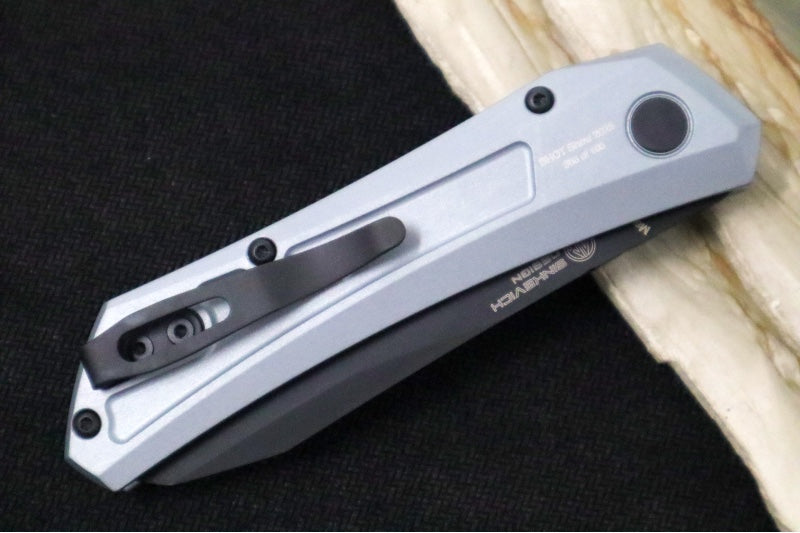Pro Tech Oligarch Auto 2025 SHOT Show Custom - Solid Grey Anodized Aluminum Handle / Black DLC Finish / Spear Point Blade / CPM-Magnacut Steel / Pearl Push Button / DLC Deep Carry Clip - Northwest Knives