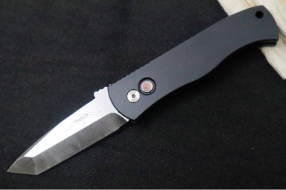 Pro Tech Emerson Auto 2025 Custom 001 - Black Anodized Aluminum Handle / 2-Toned Chad Nichols Stainless Steel Damascus Blade / Black Lip Pearl Push Button