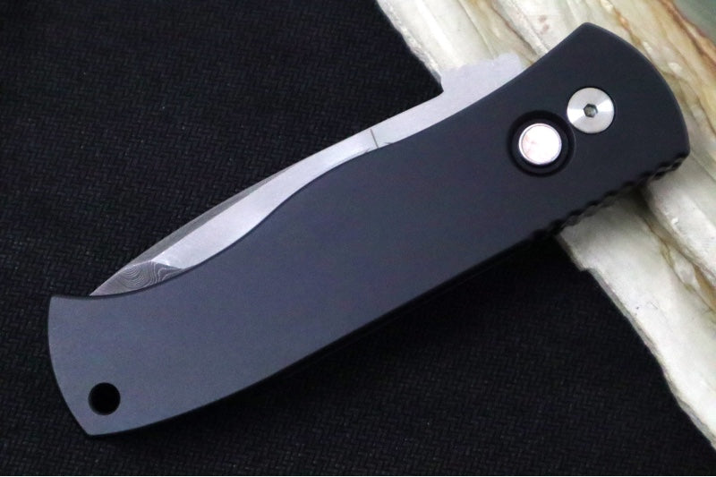 Pro Tech Emerson Auto 2025 Custom 001 - Black Anodized Aluminum Handle / 2-Toned Chad Nichols Stainless Steel Damascus Blade / Black Lip Pearl Push Button