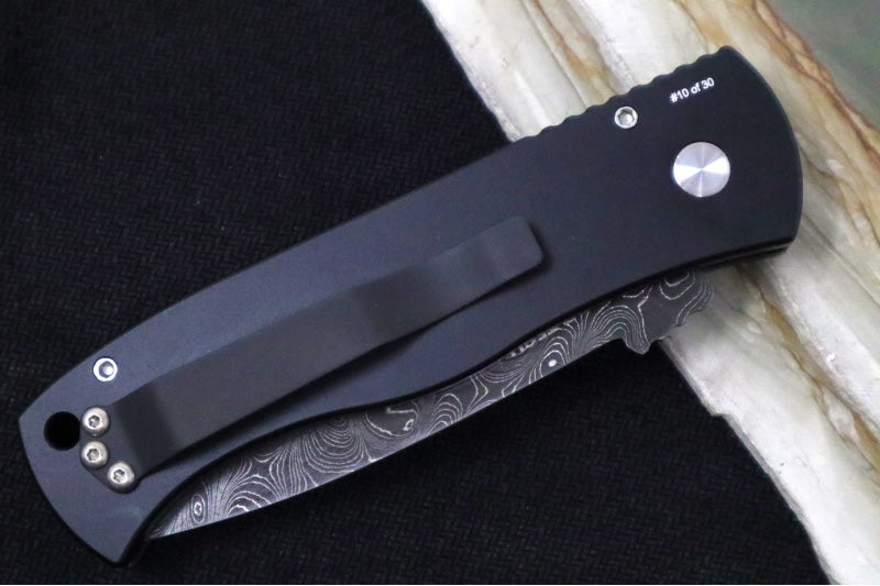 Pro Tech Emerson Auto 2025 Custom 001 - Black Anodized Aluminum Handle / 2-Toned Chad Nichols Stainless Steel Damascus Blade / Black Lip Pearl Push Button