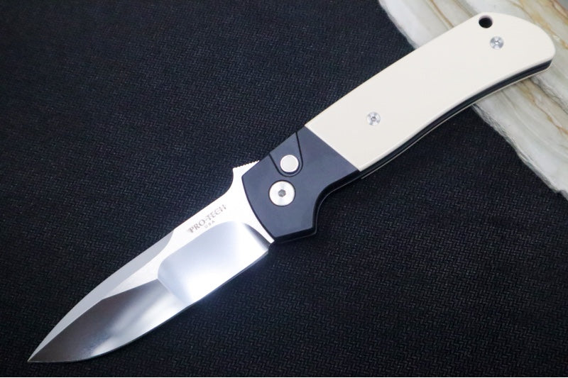 Pro Tech Terzuloa ATCF 2024 Custom Auto - Black Aluminum & Ivory Micarta Handle / 3D Titanium Clip / Mike Irie Mirror Polish / Compound Drop Point