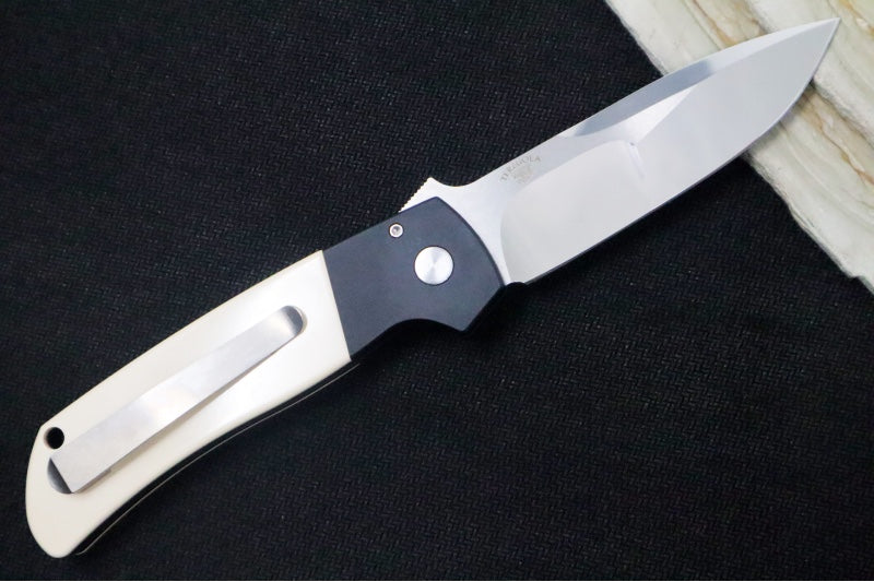 Pro Tech Terzuloa ATCF 2024 Custom Auto - Black Aluminum & Ivory Micarta Handle / 3D Titanium Clip / Mike Irie Mirror Polish / Compound Drop Point