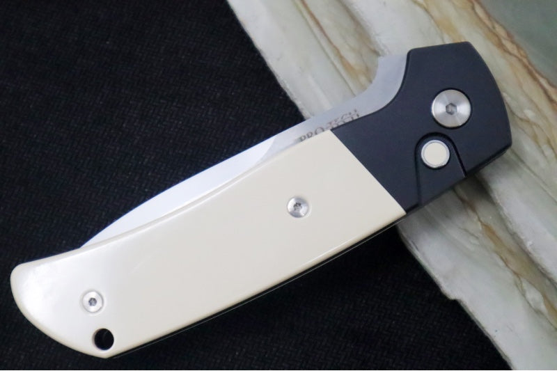 Pro Tech Terzuloa ATCF 2024 Custom Auto - Black Aluminum & Ivory Micarta Handle / 3D Titanium Clip / Mike Irie Mirror Polish / Compound Drop Point