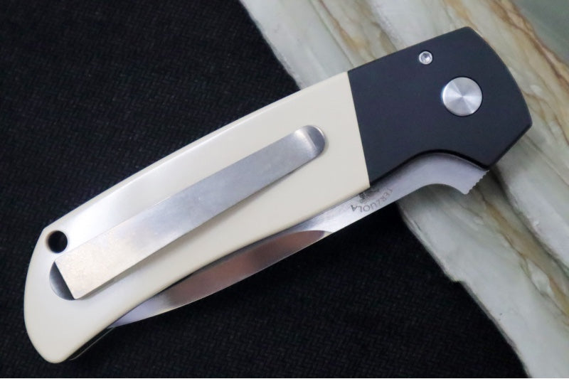 Pro Tech Terzuloa ATCF 2024 Custom Auto - Black Aluminum & Ivory Micarta Handle / 3D Titanium Clip / Mike Irie Mirror Polish / Compound Drop Point