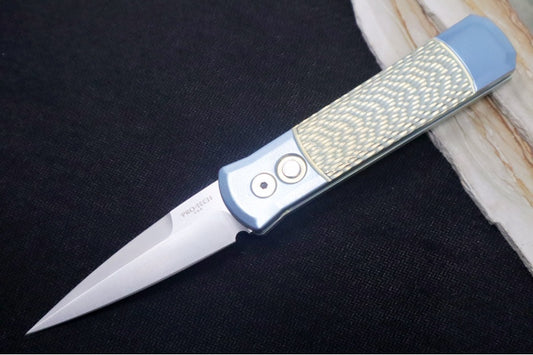 Pro Tech Godson 2025 Custom Auto - Light Blue and Chartreuse Jigged Titanium Handle / Light Blue Titanium Clip / Satin Finish / Spear Point Blade / Pearl Push Button