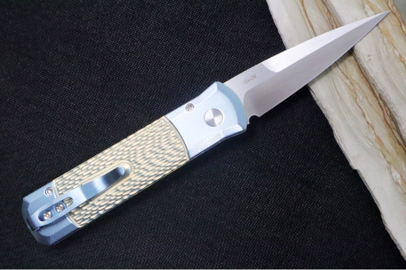 Pro Tech Godson 2025 Custom Auto - Light Blue and Chartreuse Jigged Titanium Handle / Light Blue Titanium Clip / Satin Finish / Spear Point Blade / Pearl Push Button - Northwest Knives