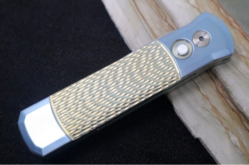 Pro Tech Godson 2025 Custom Auto - Light Blue and Chartreuse Jigged Titanium Handle / Light Blue Titanium Clip / Satin Finish / Spear Point Blade / Pearl Push Button - Northwest Knives