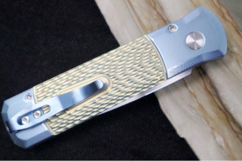Pro Tech Godson 2025 Custom Auto - Light Blue and Chartreuse Jigged Titanium Handle / Light Blue Titanium Clip / Satin Finish / Spear Point Blade / Pearl Push Button - Northwest Knives