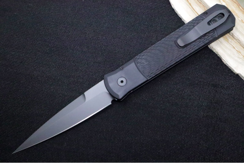 Pro Tech Godfather Operator Auto LEFT HAND - Black Jigged Aluminum Handle / Black Blade / Tritium Push Button 926-OPLH - Northwest Knives