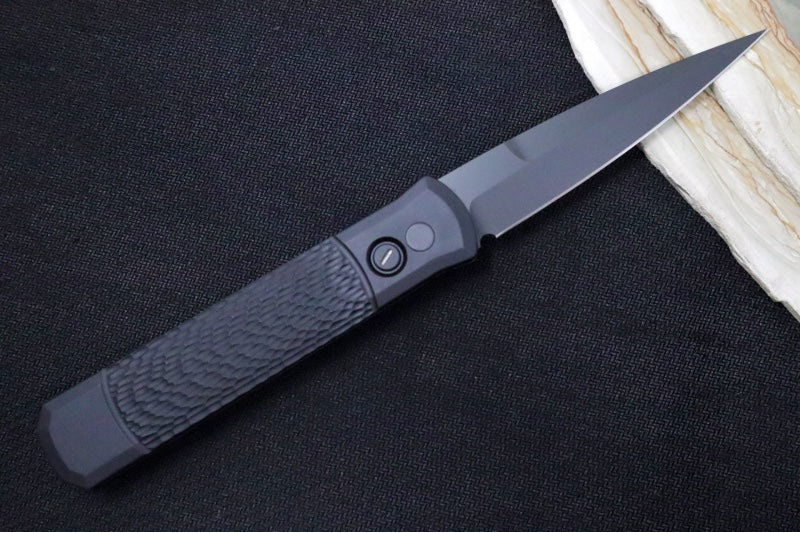 Pro Tech Godfather Operator Auto LEFT HAND - Black Jigged Aluminum Handle / Black Blade / Tritium Push Button 926-OPLH - Northwest Knives