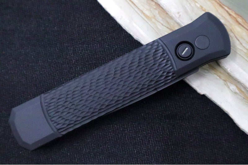 Pro Tech Godfather Operator Auto LEFT HAND - Black Jigged Aluminum Handle / Black Blade / Tritium Push Button 926-OPLH - Northwest Knives
