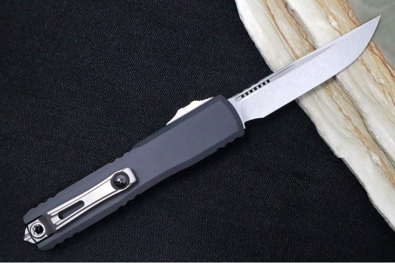 Microtech Ultratech ZBP (Zero Blade Play) OTF - Stonewash Finish / Single Edge / Black Anodized Aluminum Handle 1121-10