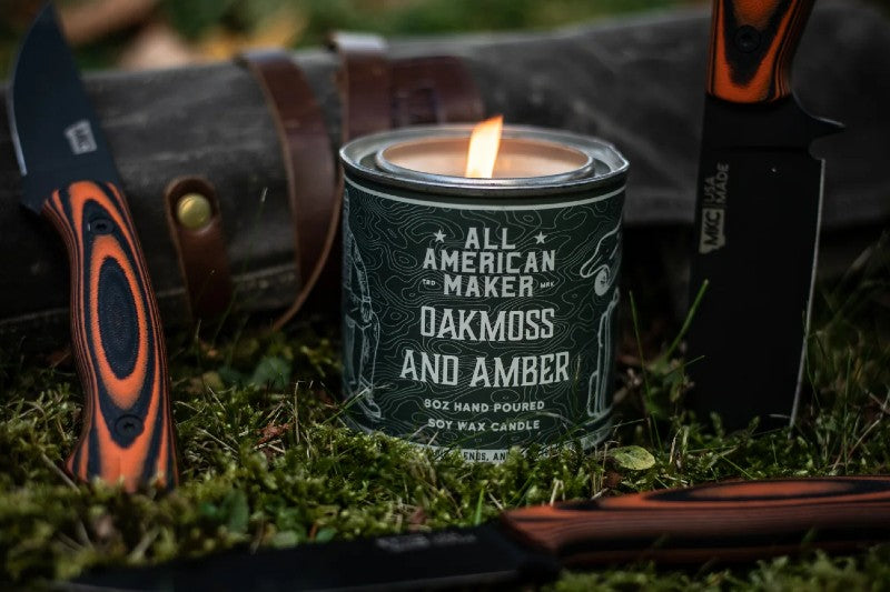 All American Maker - Oakmoss & Amber Candle - 8oz Hand Pour Soy Candle & Cotton Wick - 100% American Made - Northwest Knives