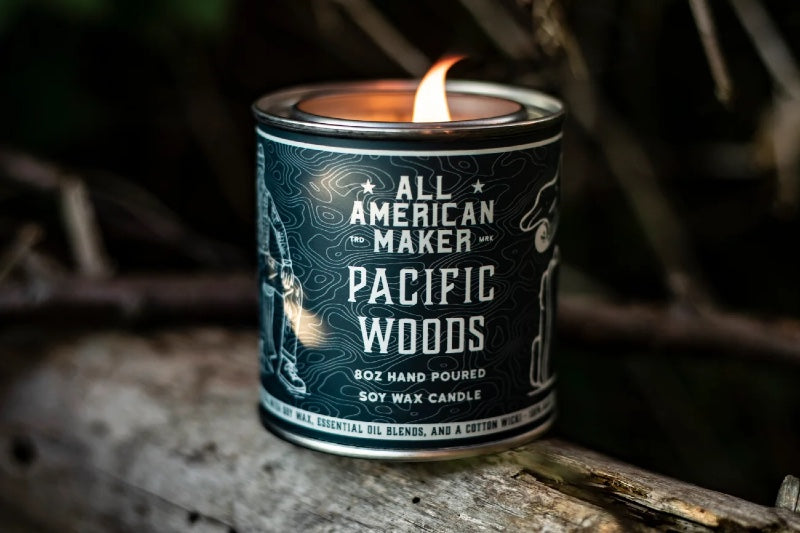 All American Maker - Pacific Woods Candle - 8oz Hand Pour Soy Candle & Cotton Wick - 100% American Made