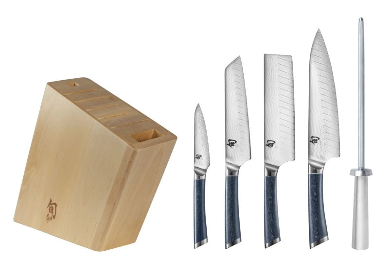Shun Shiranami - 6pc Block Set - Wave Patterned 71 Layered Dual Core Damascus - Prussian Blue Jute Micarta Handle - Made in Seki City, Japan