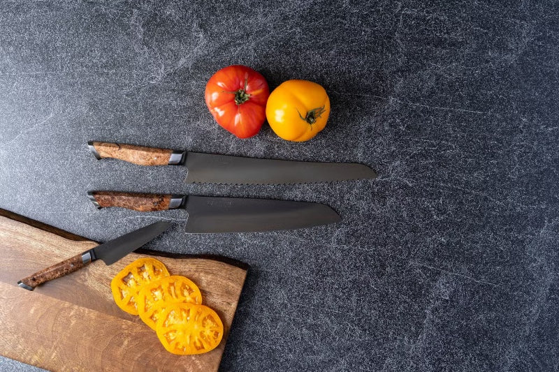 STEELPORT Knife Co. - 3pc Starter Set (10" Bread 8" Chef & 4" Paring) - American Forged 52100 Carbon Steel with Coffee Patina - Handcrafted In Portland, Oregon - Northwest Knives
