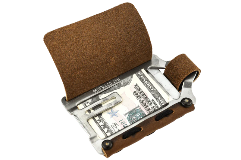 Trayvax Element Wallet - Raw Stainless Steel Frame / Mississippi Mud Leather ESS-002 - Northwest Knives