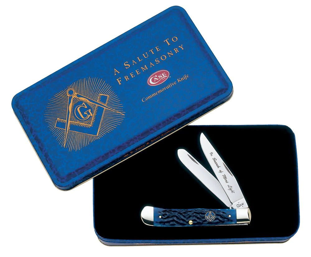 Case Knives Trapper Masonic Gift Tin - Clip & Spey Blades / Tru-Sharp Stainless Steel / Standard Jig Blue Bone Handle 01058