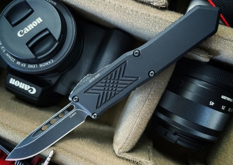 Guardian Tactical GTX-025 OTF - Dark Stonewash Finish / Elmax Steel / Drop Point Blade / Black Anodized Aluminum Handle 12-3611