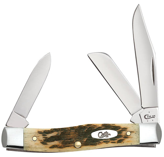 Case Knives Medium Stockman - Clip, Sheepsfoot & Pen Blades / Tru-Sharp Stainless Steel / Peach Seed Jig Amber Bone Handle 00079