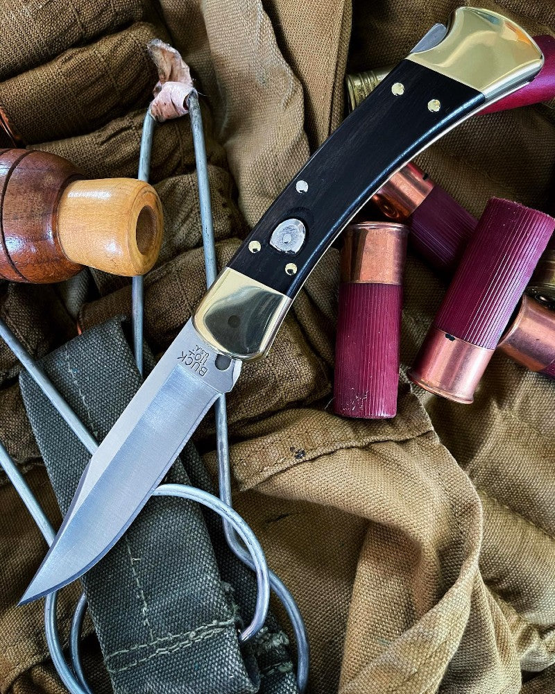 Buck 112 Ranger Auto - Plain Blade / Ebony Wood Handle 0112BRSA-B - Northwest Knives