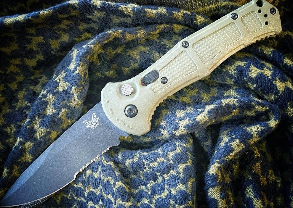 Benchmade Knife | Black D2 Drop Point Combo Blade | Ranger Green Grivory Handle | Northwest Knives