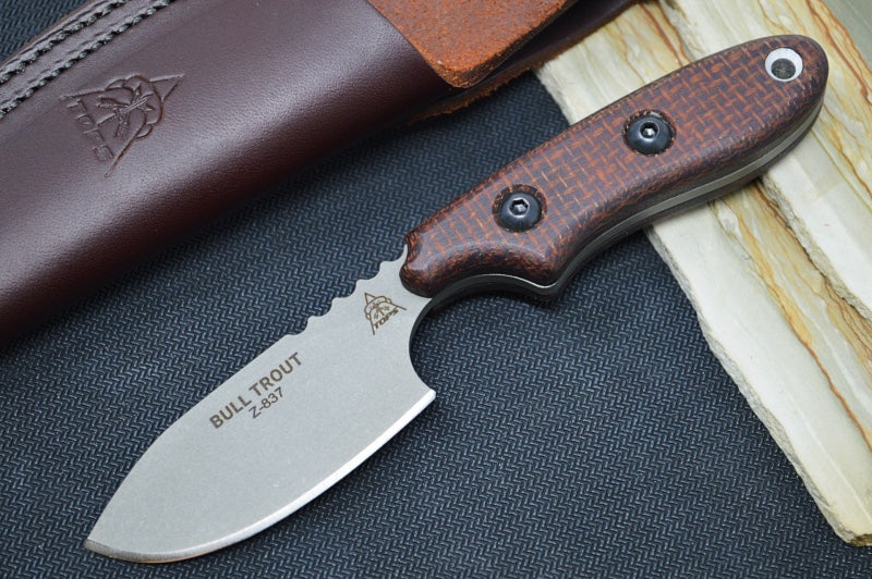 Tops Bull Trout - 154CM Steel / Brown Burlap Micarta Handle / Leather Sheath BLTT-01 - Northwest Knives